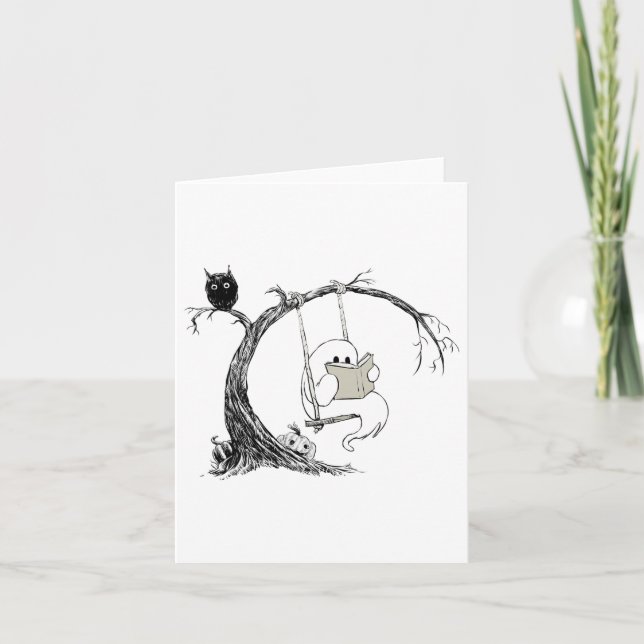 Cute Ghost Swinging Reading Book Halloween Ghost C Card (Front)