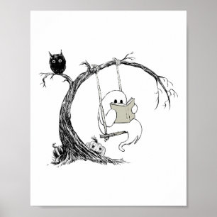 Cute Ghost Swinging Reading Book Halloween Ghost C Poster