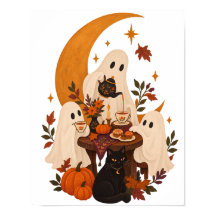 Cute Ghost Tea Party Black Cat Crescent Moon