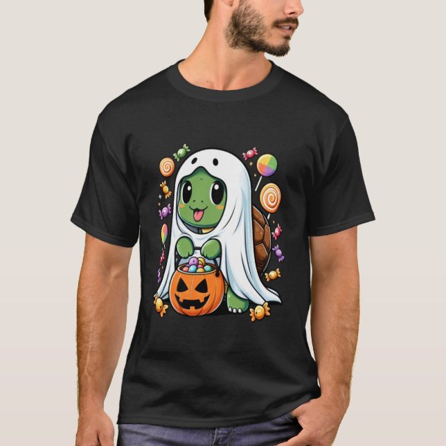 Cute Ghost Turtle with Candy Funny Halloween T-Shirt (Front)