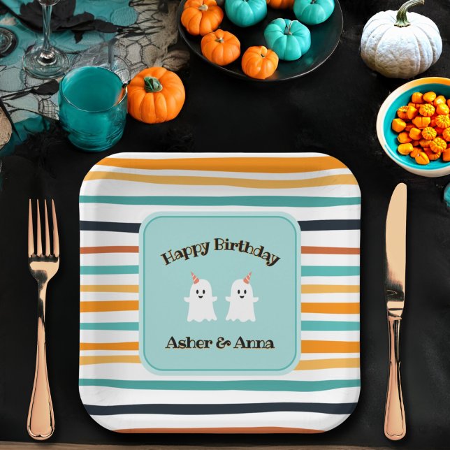 Cute Ghost Twins Halloween Stripe Happy Birthday Paper Plate (Creator Uploaded)