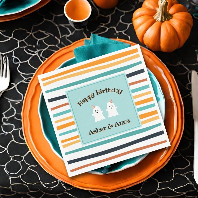 Cute Ghost Twins Stripe Halloween Happy Birthday Napkin (Creator Uploaded)