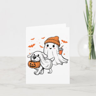 Cute Ghost Walking Dog Coquette Bow Halloween Dog Card