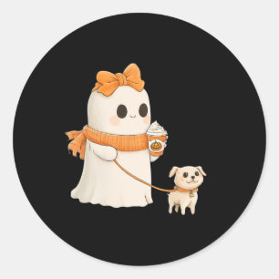 Cute Ghost Walking Dog Coquette Bow Halloween Dog Classic Round Sticker