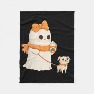 Cute Ghost Walking Dog Coquette Bow Halloween Dog Fleece Blanket