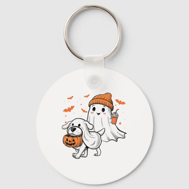 Cute Ghost Walking Dog Coquette Bow Halloween Dog  Key Ring (Front)