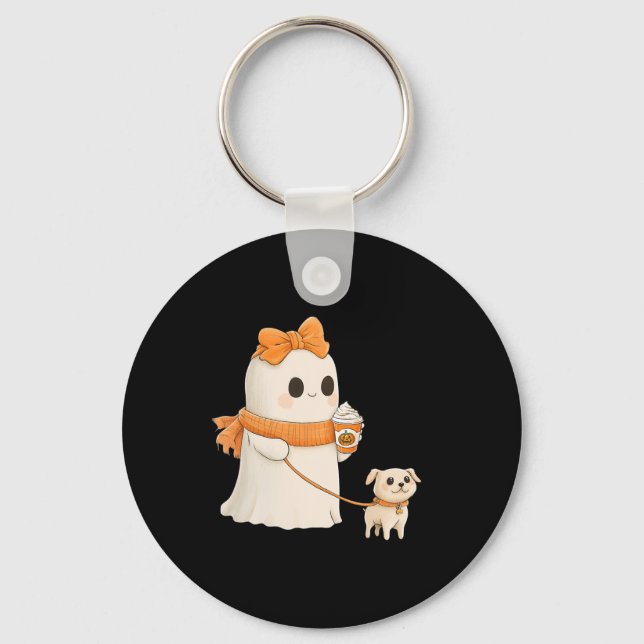 Cute Ghost Walking Dog Coquette Bow Halloween Dog  Key Ring (Front)