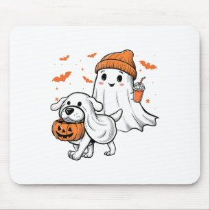 Cute Ghost Walking Dog Coquette Bow Halloween Dog Mouse Mat