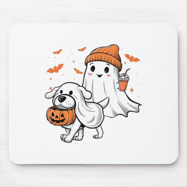 Cute Ghost Walking Dog Coquette Bow Halloween Dog  Mouse Mat (Front)