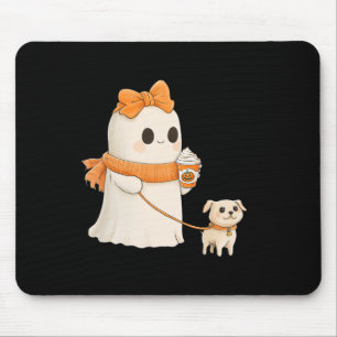 Cute Ghost Walking Dog Coquette Bow Halloween Dog Mouse Mat