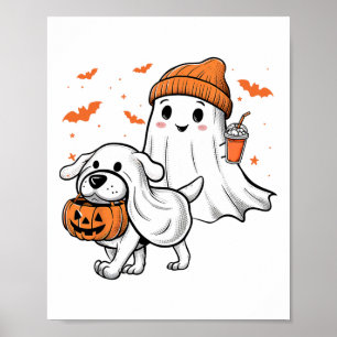 Cute Ghost Walking Dog Coquette Bow Halloween Dog Poster