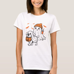 Cute Ghost Walking Dog Coquette Bow Halloween Dog T-Shirt