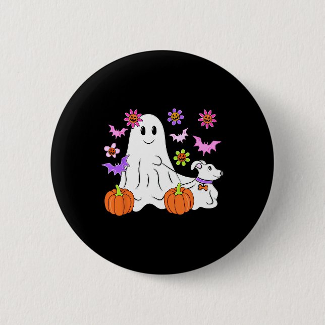 Cute Ghost Walking Dog Floral Pumpkin Pet Lover Ha 6 Cm Round Badge (Front)
