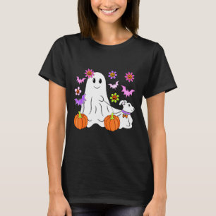 Cute Ghost Walking Dog Floral Pumpkin Pet Lover T-Shirt