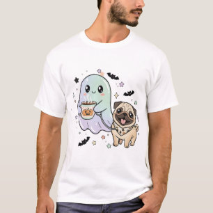Cute Ghost Walking Dog Pug Coffee Halloween Costum T-Shirt
