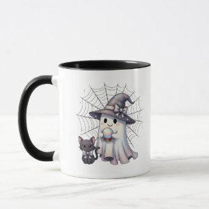 Cute Ghost Witch Black Cat Coquette Halloween Mug