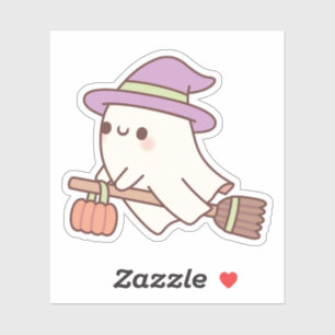 Cute Ghost Witch On Flying Broom