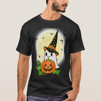 Cute Ghost Witch With Pumpkin and Full Moon Hallow T-Shirt
