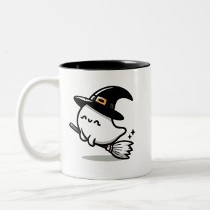 Cute Ghost Witch with Pumpkin & Broom   Two-Sided  Two-Tone Coffee Mug