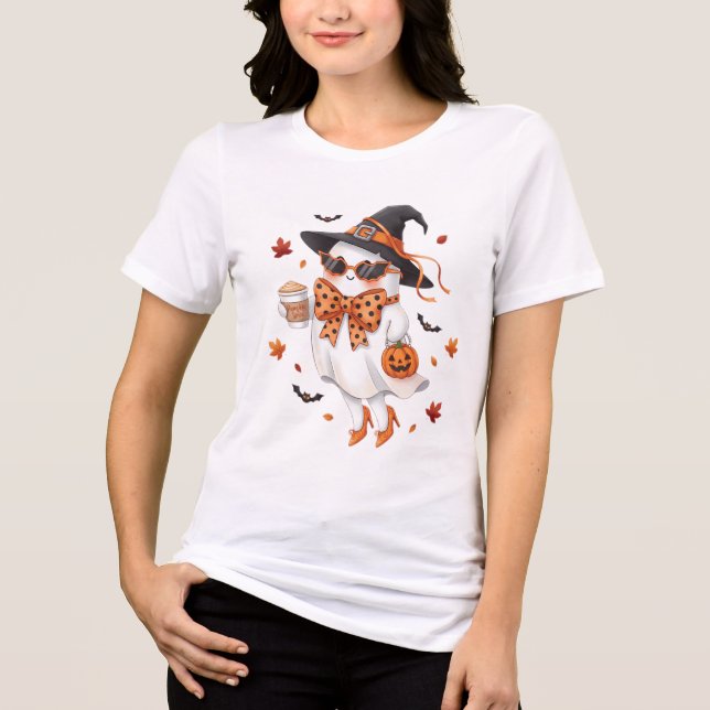 Cute Ghost Witch with Pumpkin Spice Latte Tri-Blend Shirt (Front)