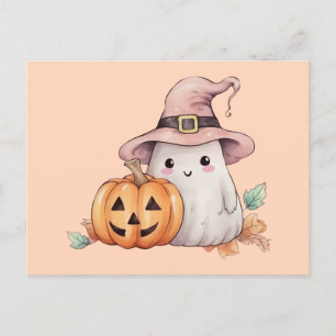Cute Ghost Witches Hat Jack-O' Lantern Halloween Holiday Postcard