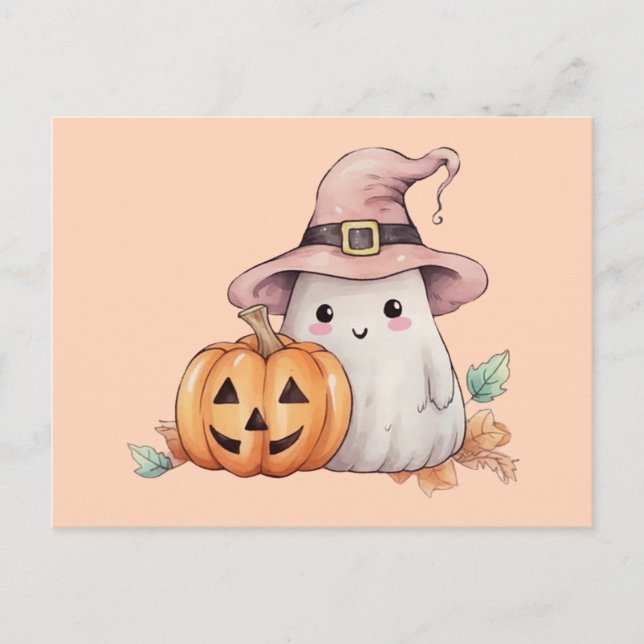 Cute Ghost Witches Hat Jack-O' Lantern Halloween Holiday Postcard (Front)