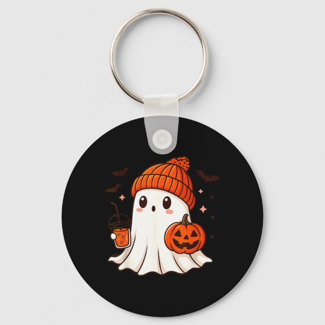 Cute Ghost with Beanie Holding Pumpkin Coffee Key Ring (Front)