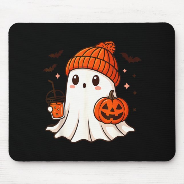 Cute Ghost with Beanie Holding Pumpkin Coffee Mouse Mat (Front)