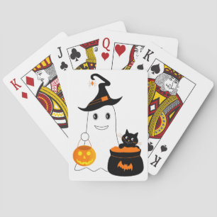 Cute ghost with black cat celebrate halloween playing cards