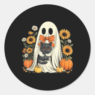 Cute Ghost With Black Cat Halloween Pumpkin Classic Round Sticker