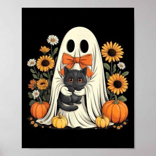 Cute Ghost With Black Cat Halloween Pumpkin Poster (Front)