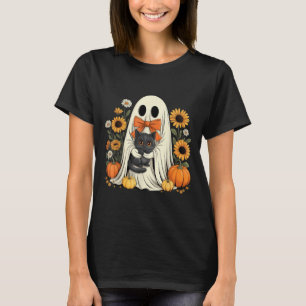 Cute Ghost With Black Cat Halloween Pumpkin T-Shirt