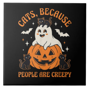 Cute Ghost with Black Cats and Pumpkin Halloween Tile