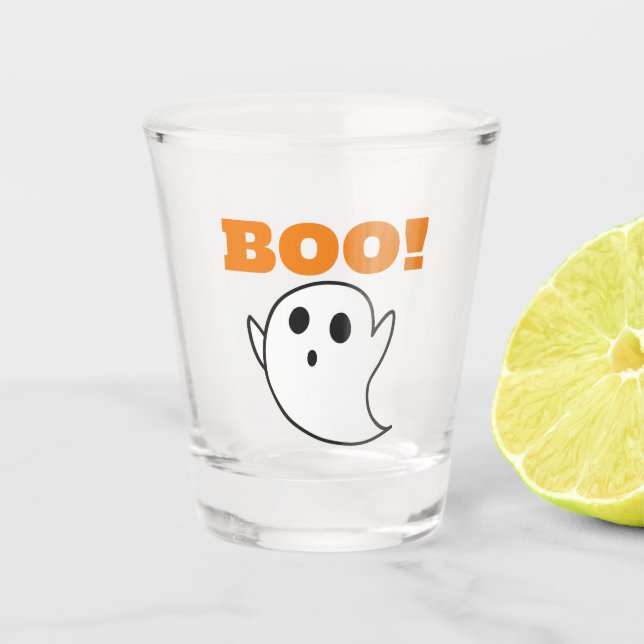 Cute Ghost with BOO! words Shot Glass (Front)