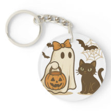 Cute Ghost with Bow and Black Cat – Adorable Spook