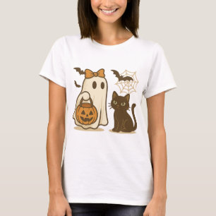 Cute Ghost with Bow and Black Cat – Spooky Kawaii  T-Shirt