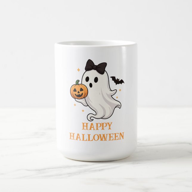 Cute Ghost with Bow and Pumpkin | Halloween  Coffee Mug (Center)
