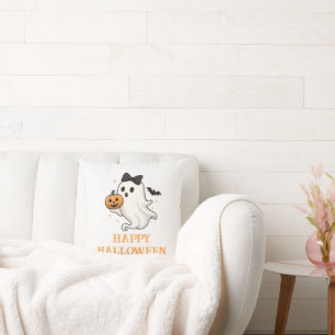 Cute Ghost with Bow and Pumpkin   Halloween  Cushion