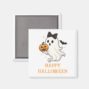 Cute Ghost with Bow and Pumpkin Halloween Magnet