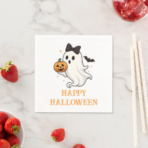 Cute Ghost with Bow and Pumpkin   Halloween  Napkin