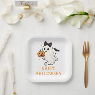 Cute Ghost with Bow and Pumpkin Halloween Paper Plate