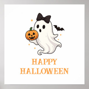 Cute Ghost with Bow and Pumpkin Halloween Poster