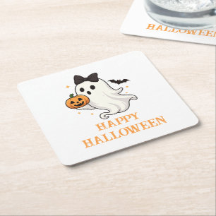 Cute Ghost with Bow and Pumpkin Halloween Square Paper Coaster