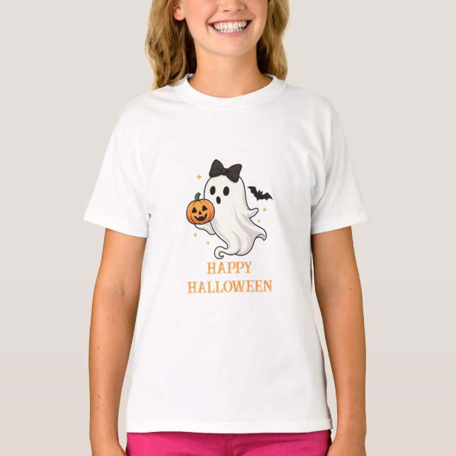 Cute Ghost with Bow and Pumpkin | Halloween  T-Shirt (Front)