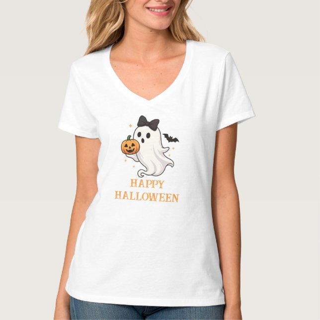 Cute Ghost with Bow and Pumpkin | Halloween  T-Shirt (Front)