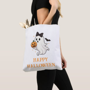Cute Ghost with Bow and Pumpkin Halloween Tote Bag