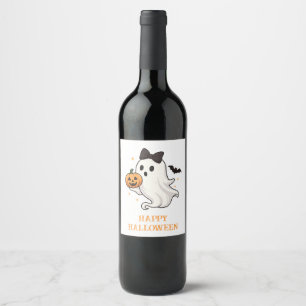 Cute Ghost with Bow and Pumpkin Halloween Wine Label
