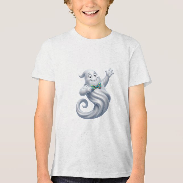 Cute Ghost with Bow Tie Halloween Design Tri-Blend Shirt (Front)