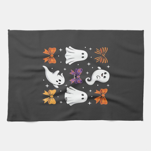 Cute Ghost with Bows Halloween Design_1 Tea Towel (Horizontal)