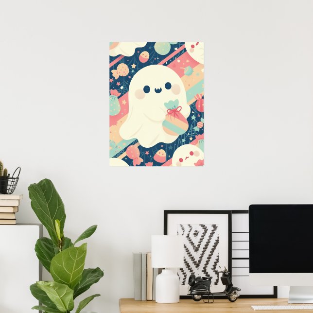Cute Ghost with Candy Bag in Pastel Colour Style Poster (Home Office)